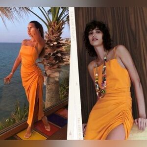 Zara orange midi long dress high slit ruched adjustable ties maxi gown blogger S